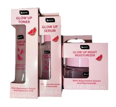 NEW B Pure Set of 3 Glow Up Watermelon Toner Serum Night Moisturizer Recipe Dupe
