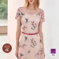 在飛比找momo購物網優惠-【ILEY 伊蕾】蝴蝶網布刺繡洋裝(粉色；M-2L；1231