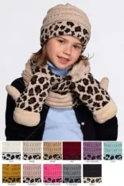 C.C 3pc Kid Leopard Animal Print Warm Soft Beanie Gloves Scarves Set 2-6yr