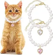 Mxxipp 2pcs Cat Dog Pearl Collar, Small Heart Shape Rhinestone Pet Necklace, Adjustable Wedding Party Pet Jewelry Accessories for Puppy Small Cats- White & Pink