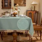 Linen Blend Tablecloth Table Cloth 280 GSM Stitching Tassel Rectangle Decorat...