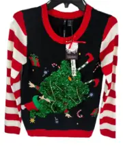 So It Is S Juniors Holiday Party Sweater Clumsy Elf black Tinsel Tree $39