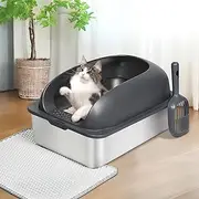 PaWz Stainless Steel Litter Box, 20L Large Cat Litter Box Tray for Big Cats with High Enclosed Sides, Non-Sticky Kitty Toilet with Cat Litter Scoop and Litter Mat, Anti-Leakage, Easy to Clean, Grey