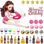 Drunk Doll Cake Topper With 12 Mini Wine Bottles 5 Mini Wine Glasses 1 Plastic Miniature Toilet Toy 1 Beauty Doll 21st Birthday Cake Topper for Celebrating Birthday 21 and Up Girl Party (Brown)