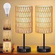 Clora Touch Bedside Table Lamp Boho Desk Lamp Rattan Shade 3 Way Dimmable Nightstand with USB Charging Port & Phone Stand for Bedroom Living Room Office (2 Pack)