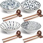 Geiserailie Ceramic Ramen Bowl, 40 oz Japanese Large Noodle Bowls with Spoons, Chopsticks and Chopsticks Stand for Udon, Soba, Pho, Noodles, Ramen, Salad and Soup, Set of 4 (Classic Style)