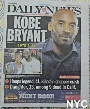 Kobe Bryant Dead NY Daily News Tribute 1/27/2020