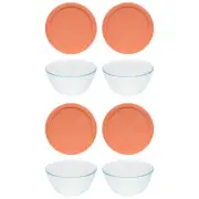 Pyrex (4) 7402 Sculpted Glass Mixing Bowls and (4) 7402-PC Bahama Sunset Lids