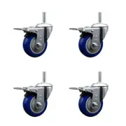 3.5 Inch Blue Poly Swivel 5/8 Inch Threaded Stem Caster Set with Total Lock BRK