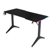 MIUZ Gaming Desk RGB LED Lights Carbon Fiber Table with Cup Holder Headphone Hook Black Steel Frame
