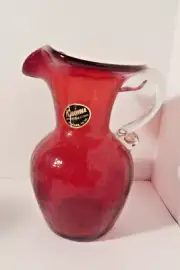 Vintage Kanawha Red Crackle Glass Pitcher w/Applied Glass Handle, Sticker, 7"