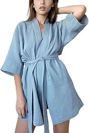 [Generic] Crape Cotton Robe Women Two-layer Gauze Bathrobes Home Bathroom Nightgown Dressing Gown Clothes Summer