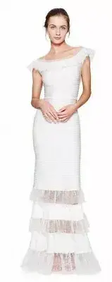 Tadashi Shoji Pauline V-back Ruffle Illusion Pintuck Dress Gown NWT