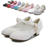Girls' Glitter Mary Jane Shoes - Sparkly Low Heel Dress Shoes with Strap and Charm for Parties and Special Occasions
