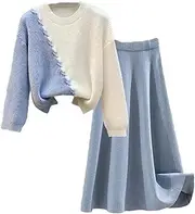 [Generic] Women's Two Piece Loose O Neck Knitted Sweater+A Line Half Skirt Two-Piece Dresses Set