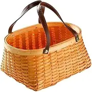 Wooden Woven Picnic Basket with Leather Handle – Wicker & Straw Storage Hamper for Camping, Outdoor Dining & Picnics(24 * 19CM)
