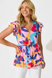 Maila Top Cap Sleeve in multicolor Bright Multi Leaf Print 8