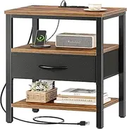 Kisfam Bedside Table with Charging Station（Upgraded, Bed Side Table with USB Ports and Outlets, End Table for Small Spaces,3-Tier Storage Side Tables with Storage Shelf for Living Room, Bedroom