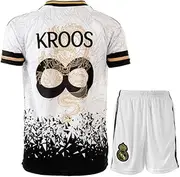 [PraiseLight] R. Madrid Kroos 8 Infinity Forever Farewell Retro White Dragon Limited Special Edition Children's Jersey with Short, Football Set Youth Sizes (White/Gold, 128 (4-5 Years))
