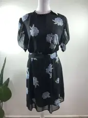 Topshop Dress Womens 12 Black Blue Floral Sheer Zip Back Tie Waist Puff Sleeves
