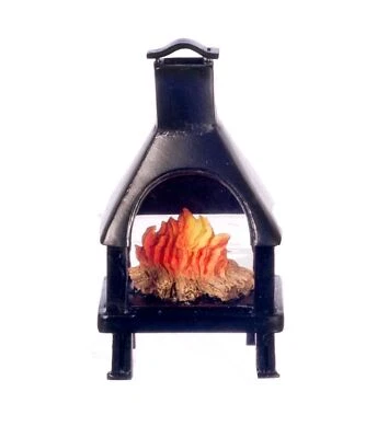 Dolls House Black Chiminea Outdoor Fireplace w Flaming Fire 1:12 Resin Furniture