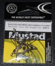 11 Pack Mustad 77550-09 Rolling Swivel with Diamond Eye and J-Hook Snap - Size 9