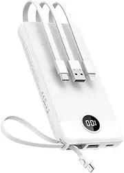 VEEKTOMX Power Bank 10000mAh, Portable Charger with Built-in Cables, USB C External Battery Pack with 5 Outputs and LED Display for iPhone/iPad/Samsung Galaxy and More (White)