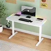 Ufurniture Electric Standing Desk with RGB LED Lights, Height Adjustable Sit Stand Desk with Touch Control Panel & Wireless Charging, 120 x 60cm White