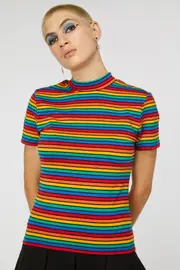 Mock Neck Rainbow Stripe Top