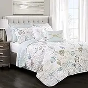 Lush Decor Harbor Life Quilt | Ocean Seaside Starfish Beach Reversible 7 Piece Bedding Set - Full Queen - Blue and Taupe