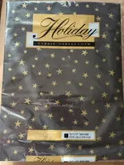 Kemp&Beatley Holiday Vintage Tablecloth Black Gold Glitter Stars 52" Square USA