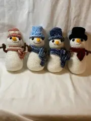 Handmade Amigurumi 4 Snowmen Choice Pink, Light Blue, Dark Blue or Black and Red