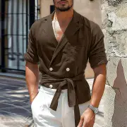 INCERUN Mens Suit Lapel Design Belt Long Sleeve Shirt Casual Solid Color Lapel Top Shirt Plus Size, Spring Fall Men's Cl