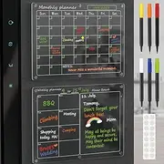 Magnetic Acrylic Calendar for Fridge,2 Pack 12"x16" Clear Fridge Calendar Dry Erase Magnetic Planning Boards Set for Refrigerator with 6 Colorful Highlight Markers