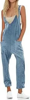 [UNIANKIYA] High Roller Denim Jumpsuit For Women Casual Sleeveless harem overalls scoop neckline Jeans Jumpers with Pockets