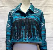 Nasty Gal Blue Southwest Aztec Cropped Fringe Detail Shacket Jacket L