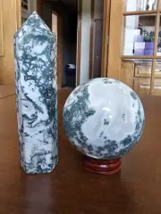 Green Moss Agate Crystal Tower and Sphere Set - Druzy - 568 grams