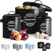 Rieeyrslza Set of 3 Potato Onion Garlic Storage Bins Kitchen Vegetable Storage Tins Potato Storage Jars with Lids Onion Storage Containers with Ventilation Holes Keeps Vegetables Fresh Longer (Black)