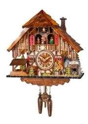 Quartz Cuckoo Clock Black Forest house with moving wood chopp.. EN 48721 QMT NEW