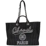 【二手名牌BRAND OFF】CHANEL 香奈兒 黑色 帆布 STRIPED DEAUVILLE 托特包 銀扣