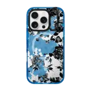 iPhone 16 Pro Impact Ring Stand Case MagSafe Compatible Black and White Roses Flowers Pattern in Crackling Paint on Transparent Background