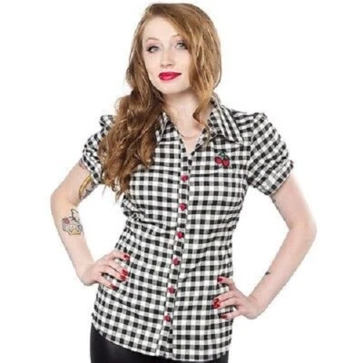 Sourpuss Gingham Cherry Rocker Print Nautical Top Punk Goth Tattoo Shirt-S