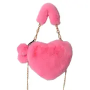 Furry Purse For Girls Heart Shaped Fluffy Chain Shoulder Bag-Bright Pink