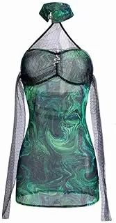 [ziciach] Sexy Sheer Mesh Lingerie Set with Halter Neckline, Green Snake Print