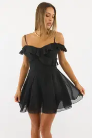 Black Mini Dress Ruffle Detail Chiffon - Size 12M, Women's Skater Dress