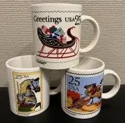 Lot of (3) Vintage (80s) USPS 25 Cent Stamp Ceramic Coffee Mugs