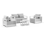 Whitehaven 2+1+1 Seater Outdoor Aluminium Lounge with Hugo Round Coffee Table Set White - Textured Olefin Grey