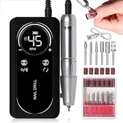 Rechargeable Portable Nail File, Electric Nail Drill Machine with Smart LCD Screen Nail Polish Remover Sanding Machine 45000rpm, Electric DIY Nail Drill Kit for Gel Nail Manicure and Pedicure Black