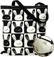 [CosInStyle] Cotton Canvas Reusable Grocery Bags Tote Bag with Inner Pocke, Black And White Pattern Printing for Shopping Gym And Travel