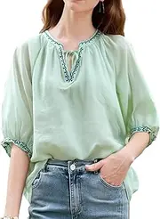 [Najia Symbol] Women's Embroidered V-Neck Peasant Blouse – Cotton Linen 3/4 Sleeve Flowy Boho Top with Tie Neck